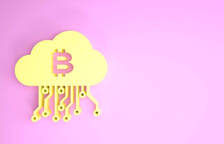 Yellow Cryptocurrency cloud mining icon isolated on pink background. Blockchain technology, bitcoin, digital money market, cryptocoin wallet. Minimalism concept. 3d illustration 3D renderの写真素材