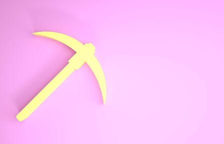 Yellow Pickaxe icon isolated on pink background. Blockchain technology, cryptocurrency mining, bitcoin, digital money market, cryptocoin wallet. Minimalism concept. 3d illustration 3D renderの写真素材