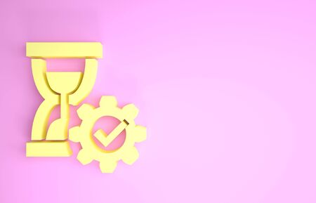 Yellow Hourglass and gear icon isolated on pink background. Time Management symbol. Clock and gear icon. Productivity symbol. Minimalism concept. 3d illustration 3D renderの写真素材