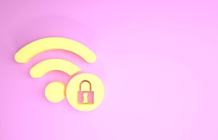 Yellow Wifi locked sign icon isolated on pink background. Password Wifi symbol. Wireless Network icon. Wifi zone. Minimalism concept. 3d illustration 3D renderの写真素材