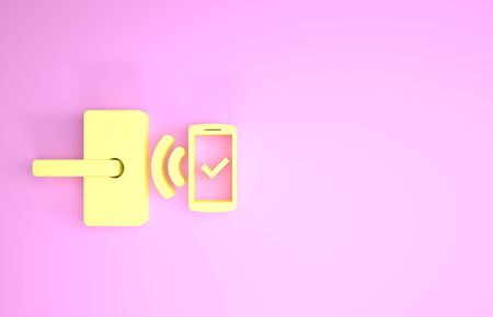 Yellow Digital door lock with wireless technology for unlock icon isolated on pink background. Door handle sign. Security smart home. Minimalism concept. 3d illustration 3D renderの写真素材