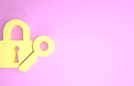 Yellow Lock and key icon isolated on pink background. Padlock sign. Security, safety, protection, privacy concept. Minimalism concept. 3d illustration 3D renderの写真素材