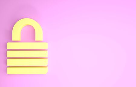 Yellow Lock icon isolated on pink background. Padlock sign. Security, safety, protection, privacy concept. Minimalism concept. 3d illustration 3D renderの写真素材