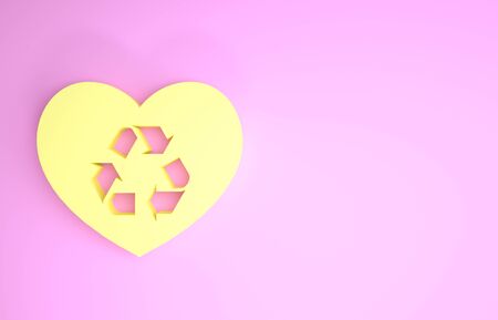 Yellow Eco friendly heart icon isolated on pink background. Heart eco recycle nature bio. Environmental concept. Minimalism concept. 3d illustration 3D renderの写真素材