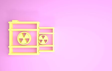 Yellow Radioactive waste in barrel icon isolated on pink background. Toxic refuse keg. Radioactive garbage emissions, environmental pollution. Minimalism concept. 3d illustration 3D renderの写真素材