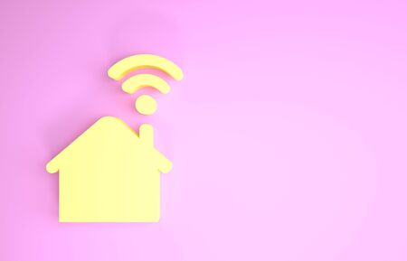 Yellow Smart home with wifi icon isolated on pink background. Remote control. Minimalism concept. 3d illustration 3D renderの写真素材