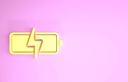 Yellow Battery icon isolated on pink background. Lightning bolt symbol. Minimalism concept. 3d illustration 3D renderの写真素材