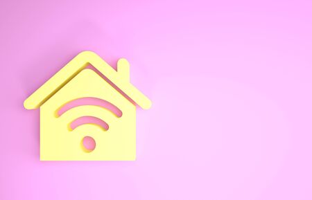 Yellow Smart home with wifi icon isolated on pink background. Remote control. Minimalism concept. 3d illustration 3D renderの写真素材