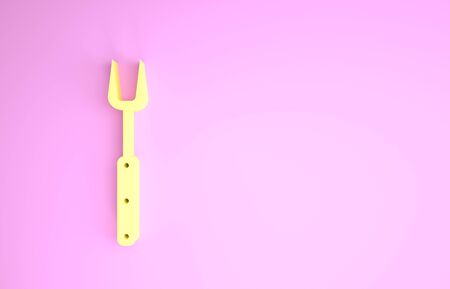 Yellow Barbecue fork icon isolated on pink background. BBQ fork sign. Barbecue and grill tool. Minimalism concept. 3d illustration 3D renderの写真素材