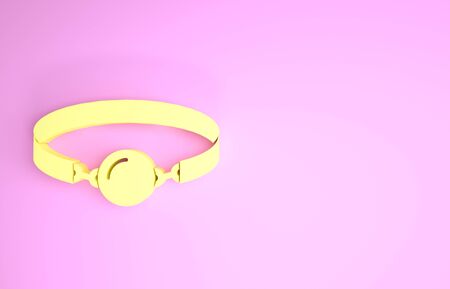Yellow Silicone ball gag with a leather belt icon isolated on pink background. Fetish accessory. Sex toy for men and woman. Minimalism concept. 3d illustration 3D renderの写真素材