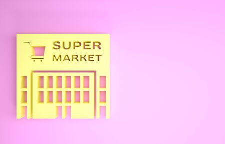 Yellow Supermarket building with shopping cart icon isolated on pink background. Shop or store. Mall building. Minimalism concept. 3d illustration 3D renderの写真素材