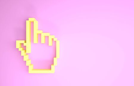 Yellow Pixel hand cursor icon isolated on pink background. Pointer hand cursor. Minimalism concept. 3d illustration 3D renderの写真素材