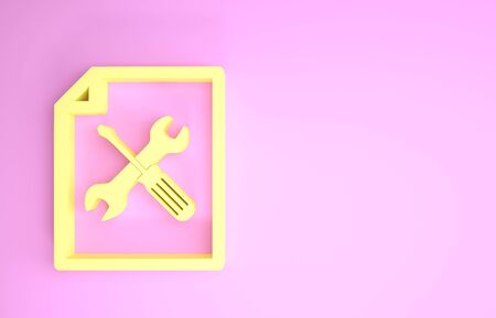 Yellow File document with screwdriver and wrench icon isolated on pink background. Adjusting, service, setting, maintenance, repair, fixing. Minimalism concept. 3d illustration 3D renderの写真素材