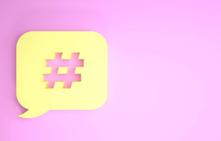 Yellow Hashtag speech bubble icon isolated on pink background. Concept of number sign, social media marketing, micro blogging. Minimalism concept. 3d illustration 3D renderの写真素材