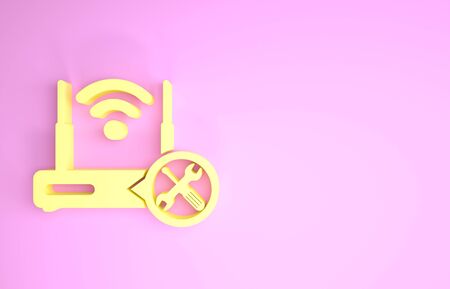 Yellow Router wi-fi with screwdriver and wrench icon isolated on pink background. Adjusting, service, setting, maintenance, repair, fixing. Minimalism concept. 3d illustration 3D renderの写真素材