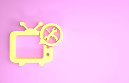 Yellow Tv with screwdriver and wrench icon isolated on pink background. Adjusting, service, setting, maintenance, repair, fixing. Minimalism concept. 3d illustration 3D renderの写真素材