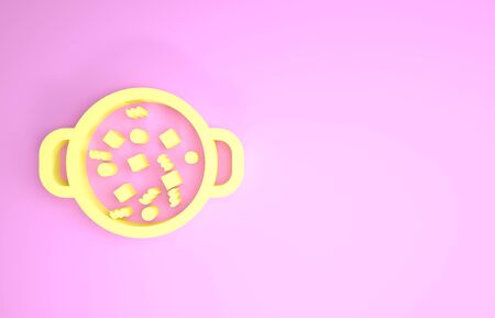 Yellow Cooking soup in pot icon isolated on pink background. Boil or stew food symbol. Minimalism concept. 3d illustration 3D renderの写真素材