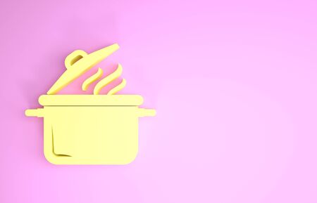 Yellow Cooking pot icon isolated on pink background. Boil or stew food symbol. Minimalism concept. 3d illustration 3D renderの写真素材
