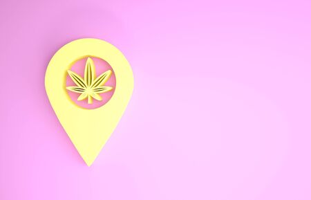 Yellow Map pointer and marijuana or cannabis leaf icon isolated on pink background. Hemp symbol. Minimalism concept. 3d illustration 3D renderの写真素材
