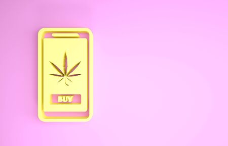 Yellow Mobile phone and medical marijuana or cannabis leaf icon isolated on pink background. Online buying symbol. Supermarket basket. Minimalism concept. 3d illustration 3D renderの写真素材