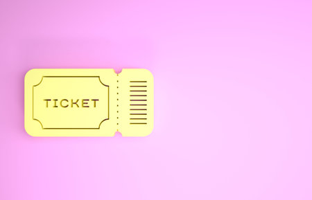 Yellow Ticket icon isolated on pink background. Minimalism concept. 3d illustration 3D render