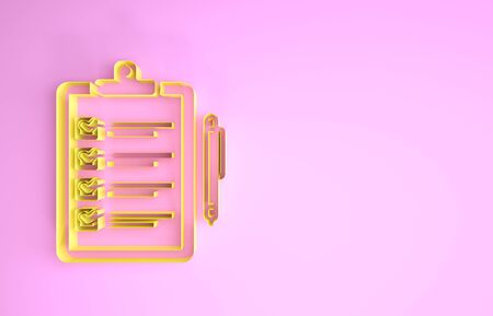 Yellow Verification of delivery list clipboard and pen icon isolated on pink background. Minimalism concept. 3d illustration 3D renderの写真素材