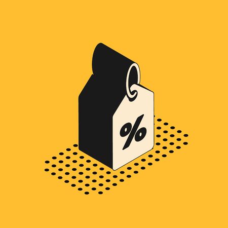 Isometric Discount percent tag icon isolated on yellow background. Shopping tag sign. Special offer sign. Discount coupons symbol.  Vector Illustrationのイラスト素材