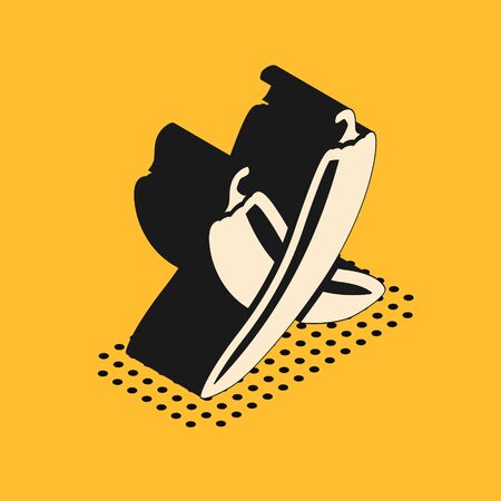 Isometric Crossed hot chili pepper pod icon isolated on yellow background. Design for grocery, culinary products, seasoning and spice package. Vector Illustrationのイラスト素材