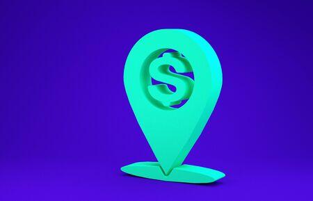 Green Cash location pin icon isolated on blue background. Pointer and dollar symbol. Money location icon. Business and investment concept. Minimalism concept. 3d illustration 3D renderの写真素材