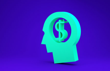 Green Business man planning mind icon isolated on blue background. Human head with dollar symbol....