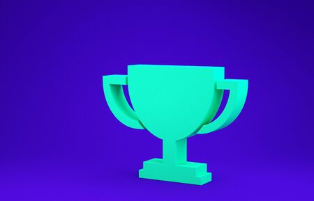 Green Trophy cup icon isolated on blue background. Award symbol. Champion cup icon. Minimalism concept. 3d illustration 3D renderの写真素材