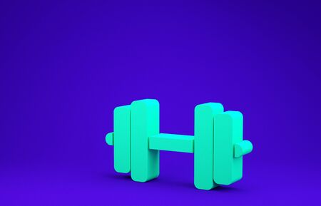 Green Dumbbell icon isolated on blue background. Muscle lifting icon, fitness barbell, gym icon, sports equipment symbol, exercise bumbbell. Minimalism concept. 3d illustration 3D renderの写真素材