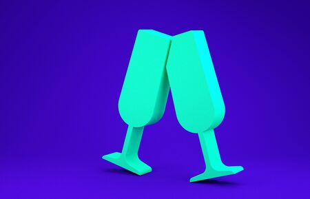 Green Glasses of champagne icon isolated on blue background. Minimalism concept. 3d illustration 3D renderの写真素材