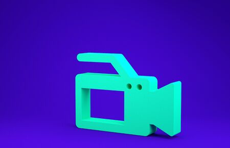 Green Cinema camera icon isolated on blue background. Video camera. Movie sign. Film projector. Minimalism concept. 3d illustration 3D renderの写真素材