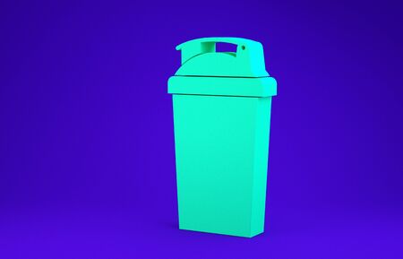 Green Fitness shaker icon isolated on blue background. Sports shaker bottle with lid for water and protein cocktails. Minimalism concept. 3d illustration 3D renderの写真素材