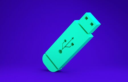 Green USB flash drive icon isolated on blue background. Minimalism concept. 3d illustration 3D renderの写真素材