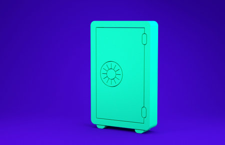 Green Safe icon isolated on blue background. The door safe a bank vault with a combination lock....
