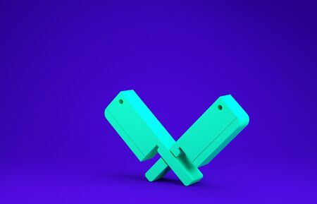 Green Crossed meat chopper icon isolated on blue background. Kitchen knife for meat. Butcher knife. Minimalism concept. 3d illustration 3D renderの写真素材