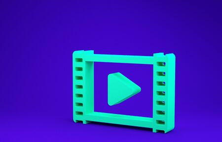 Green Play Video icon isolated on blue background. Film strip with play sign. Minimalism concept. 3d illustration 3D renderの写真素材
