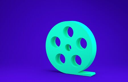 Green Film reel icon isolated on blue background. Minimalism concept. 3d illustration 3D renderの写真素材