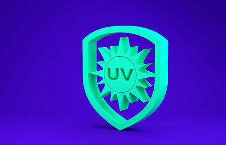 Green UV protection icon isolated on blue background. Sun and shield. Ultra violet rays radiation. SPF sun sign. Minimalism concept. 3d illustration 3D renderの写真素材