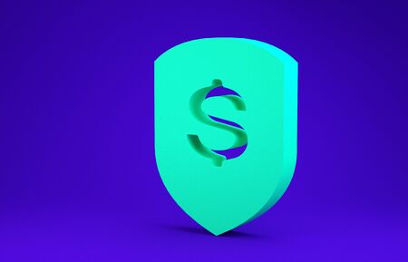 Green Shield and dollar icon isolated on blue background. Security shield protection. Money security concept. Minimalism concept. 3d illustration 3D renderの写真素材