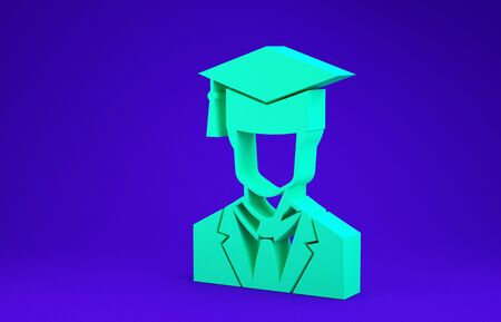 Green Male graduate student profile with gown and graduation cap icon isolated on blue background. Minimalism concept. 3d illustration 3D renderの写真素材