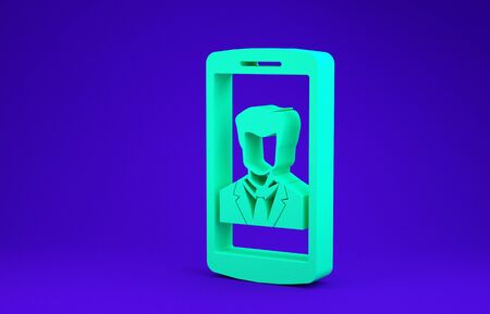 Green Smartphone with contact on screen icon isolated on blue background. Incoming call. Human on phone screen. Call contact. Minimalism concept. 3d illustration 3D renderの写真素材