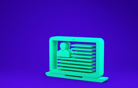 Green Laptop with resume icon isolated on blue background. CV application. Searching professional staff. Analyzing personnel resume. Minimalism concept. 3d illustration 3D renderの写真素材