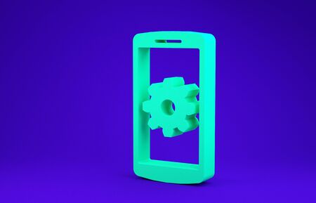 Green Setting on smartphone icon isolated on blue background. Mobile phone and gear. Adjusting, service, setting, maintenance, repair, fixing. Minimalism concept. 3d illustration 3D renderの写真素材