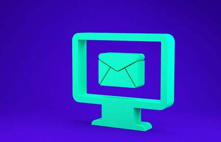 Green Monitor and envelope, new message, mail, email icon isolated on blue background. Usage for e-mail newsletters, headers, blog posts. Minimalism concept. 3d illustration 3D renderの写真素材