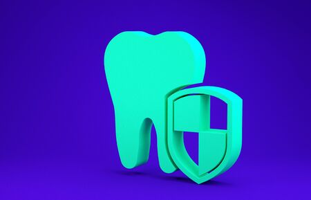 Green Dental protection icon isolated on blue background. Tooth on shield logo. Minimalism concept. 3d illustration 3D renderの写真素材