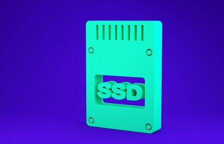 Green SSD card icon isolated on blue background. Solid state drive sign. Storage disk symbol. Minimalism concept. 3d illustration 3D renderの写真素材