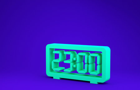 Green Digital alarm clock icon isolated on blue background. Electronic watch alarm clock. Time icon....